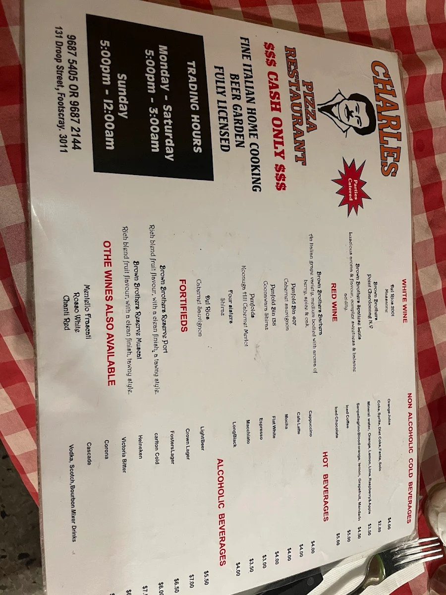 Menu, Charlies Pizza Restaurant