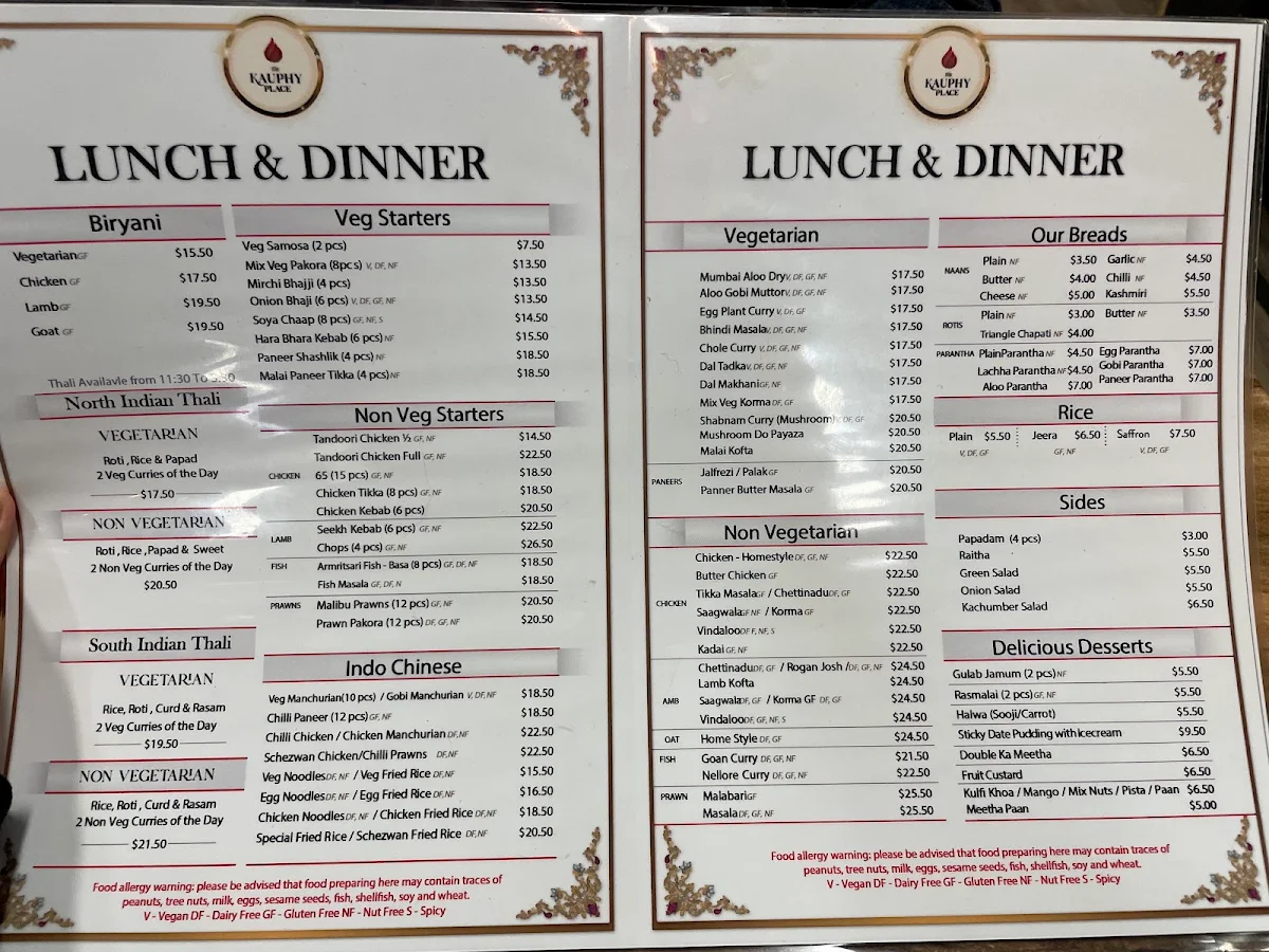 Menu, The Kauphy Place