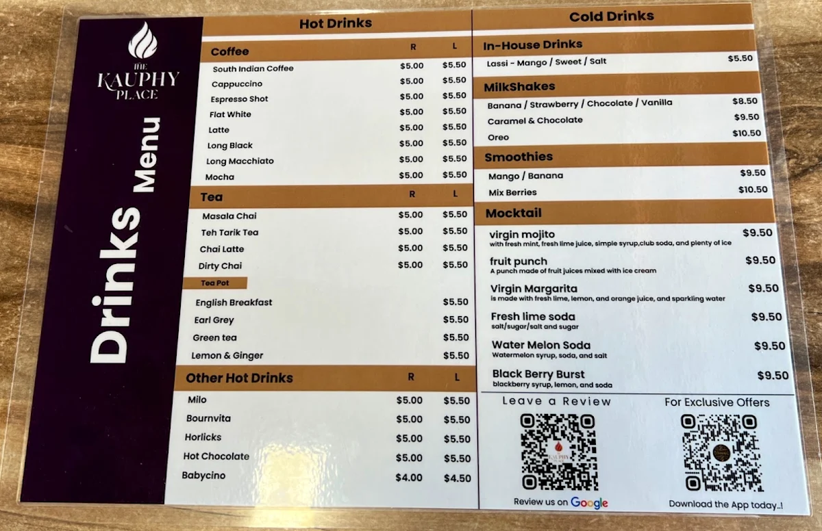 Menu, The Kauphy Place