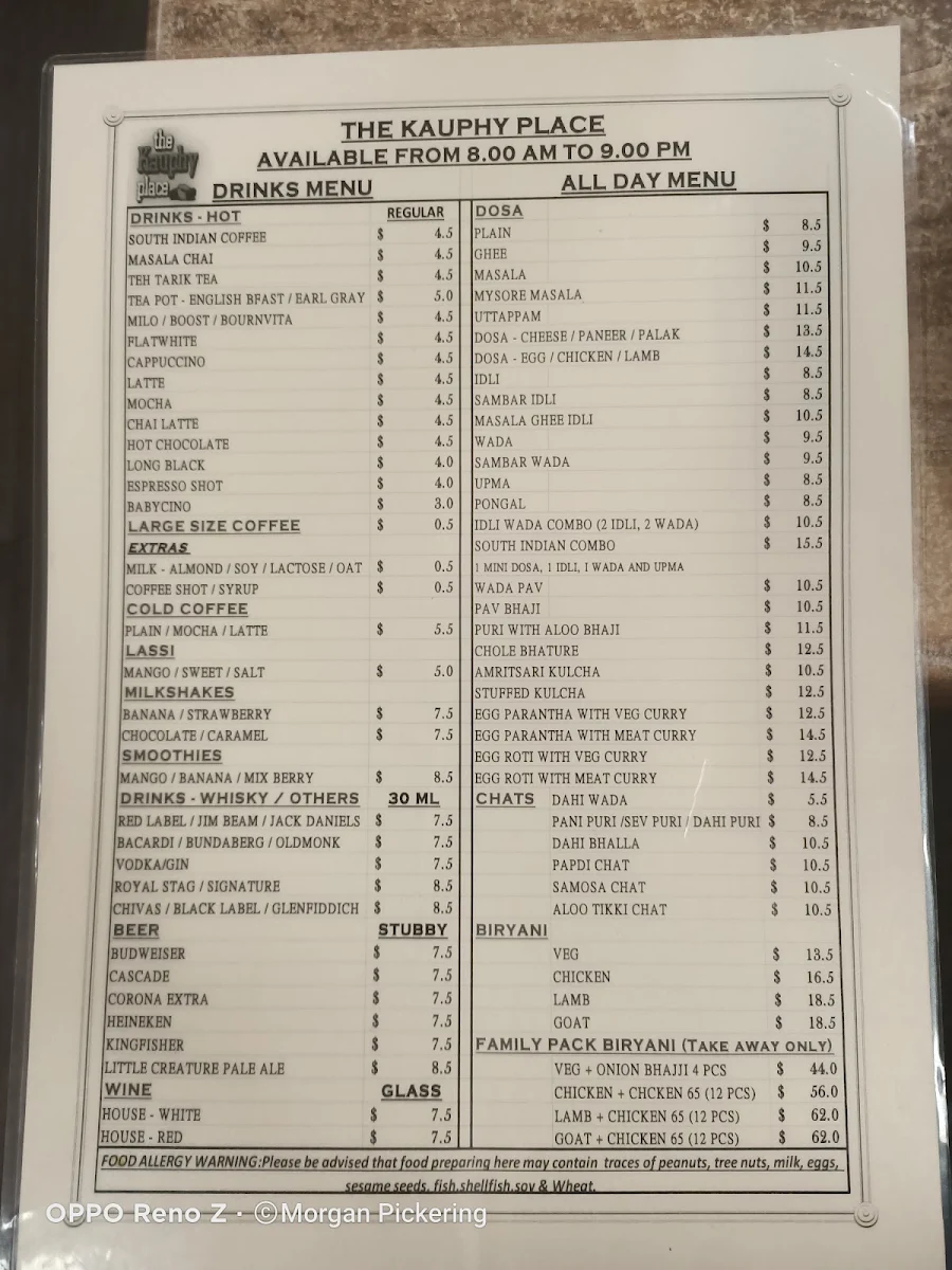 Menu, The Kauphy Place