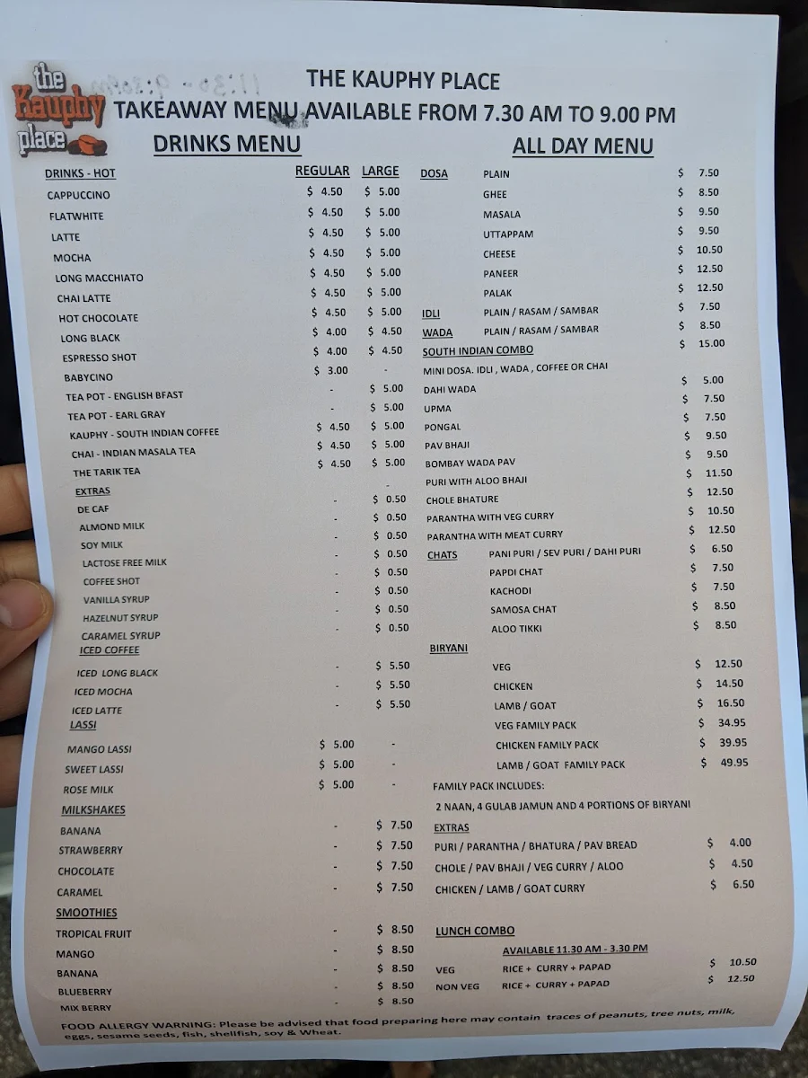 Menu, The Kauphy Place