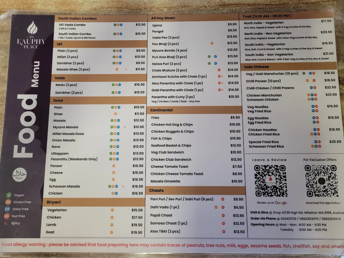 Menu, The Kauphy Place