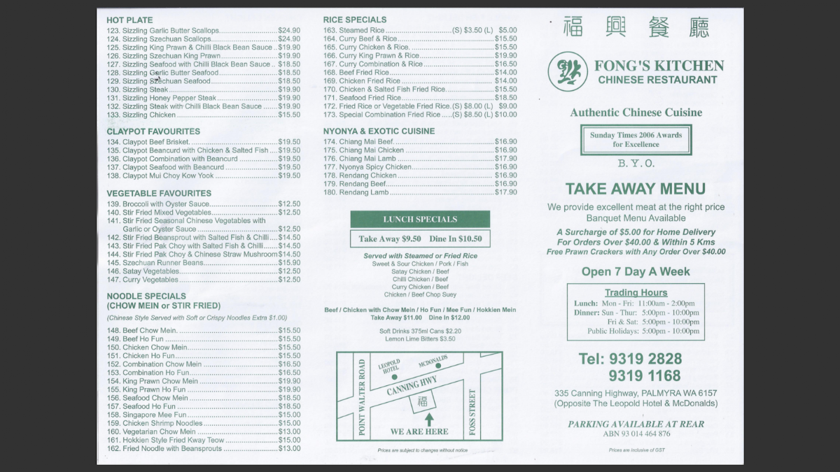 Menu, Fong's Kitchen Chinese Restaurant