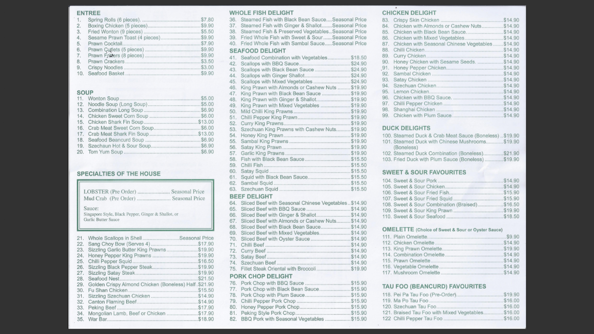 Menu, Fong's Kitchen Chinese Restaurant