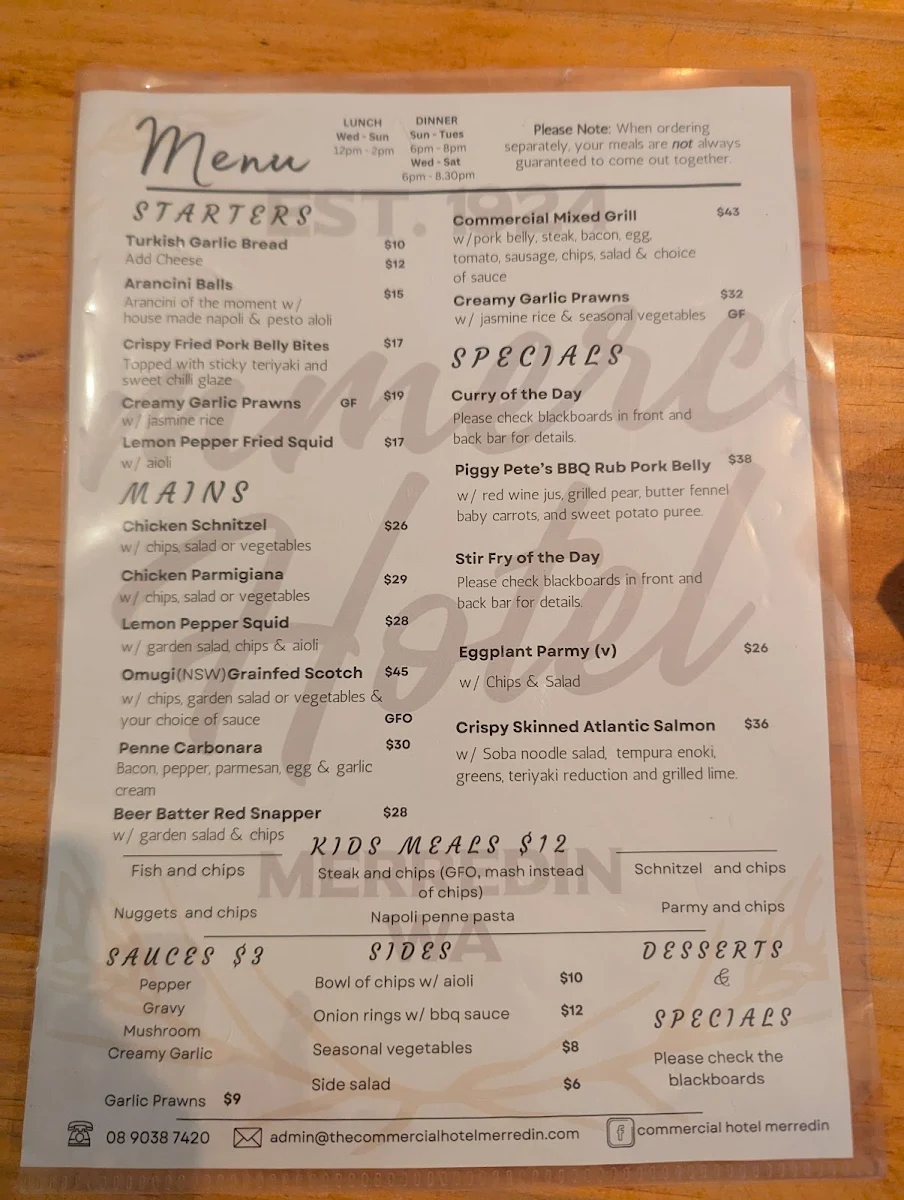 Menu, The Commercial Hotel Merredin
