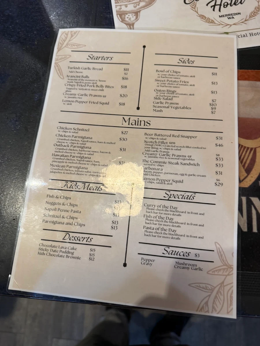 Menu, The Commercial Hotel Merredin