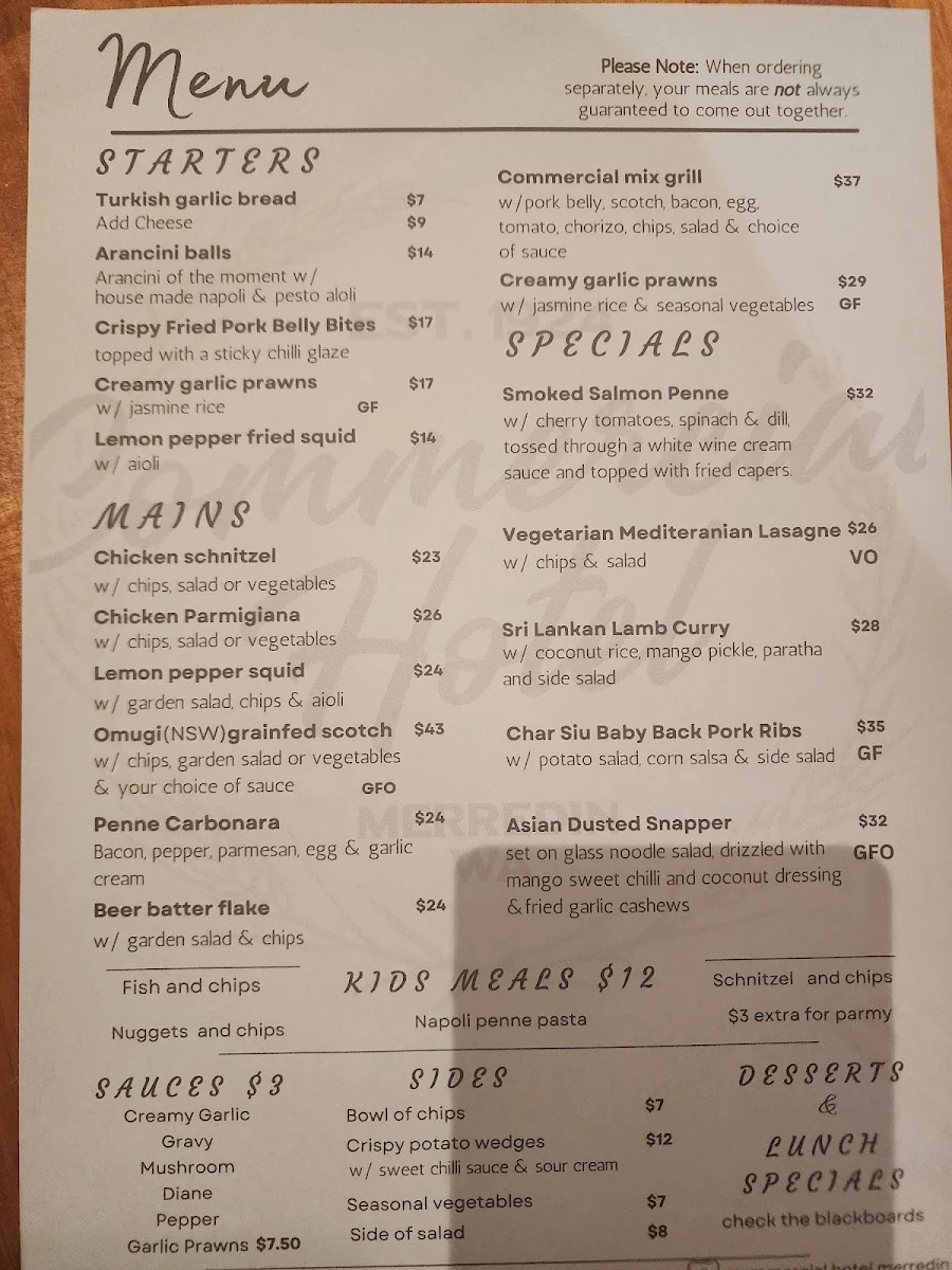 Menu, The Commercial Hotel Merredin