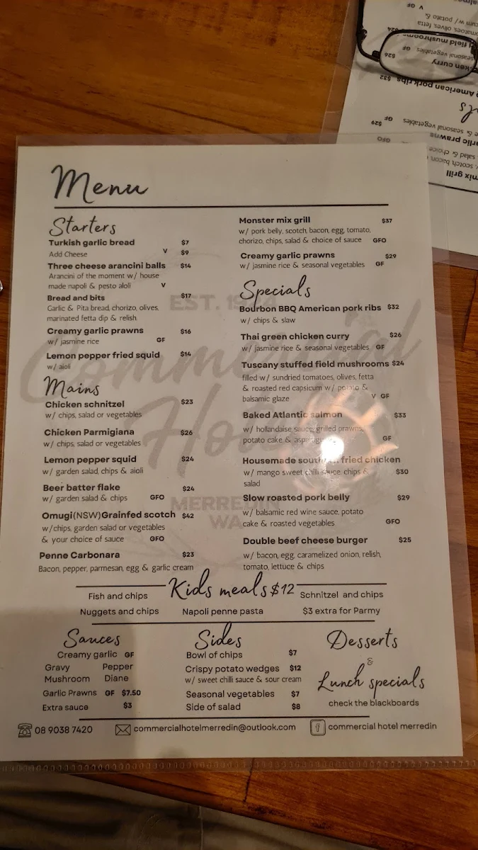 Menu, The Commercial Hotel Merredin
