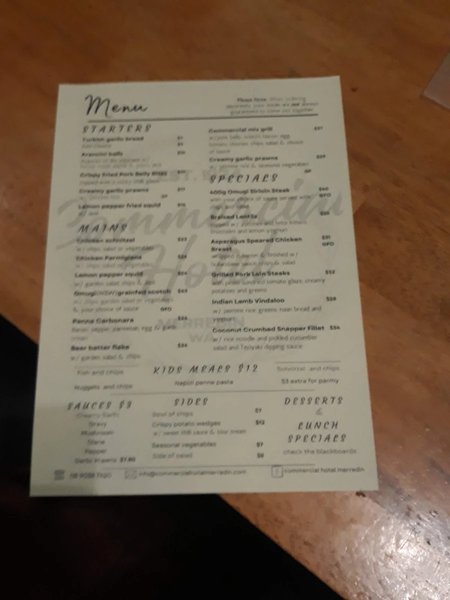 Menu, The Commercial Hotel Merredin