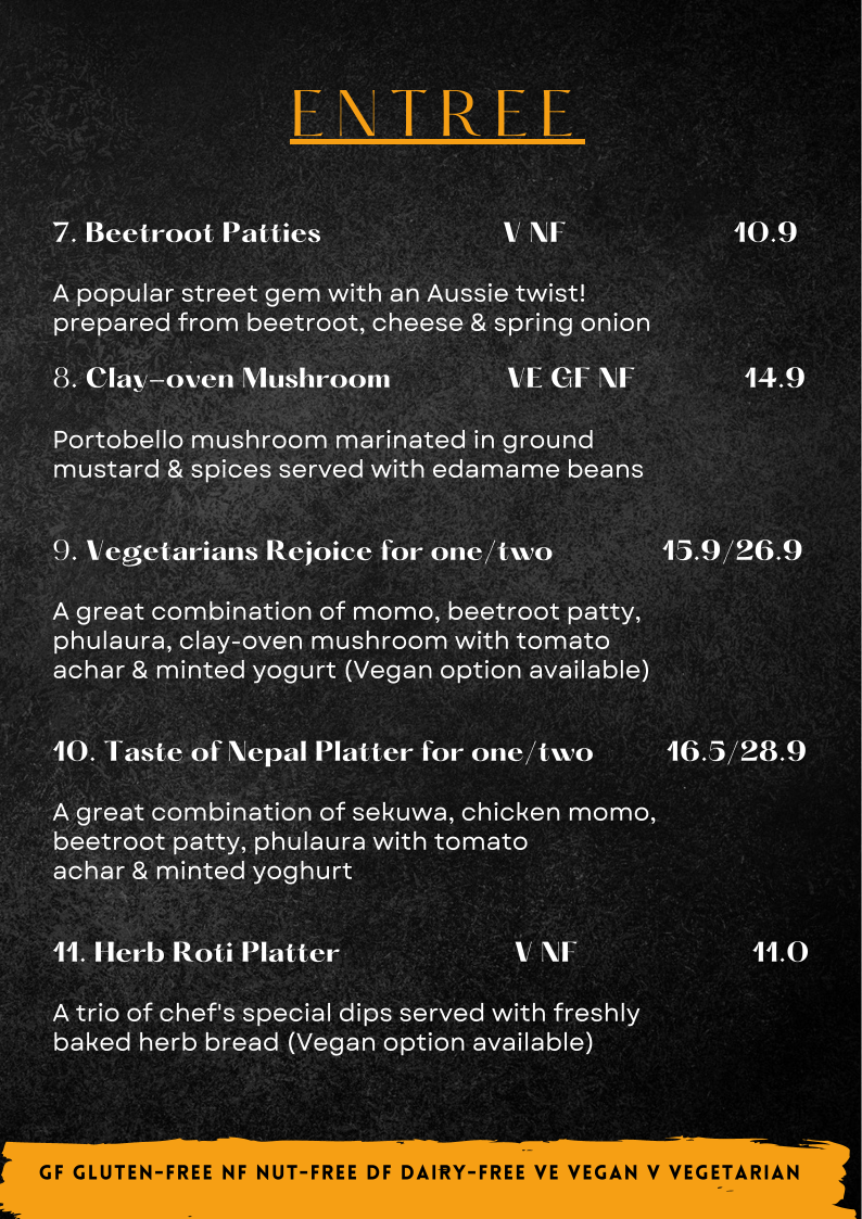 Menu, Taste of Nepal