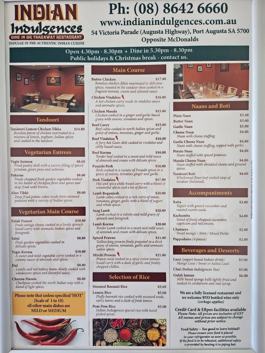 Menu, Indian Indulgences