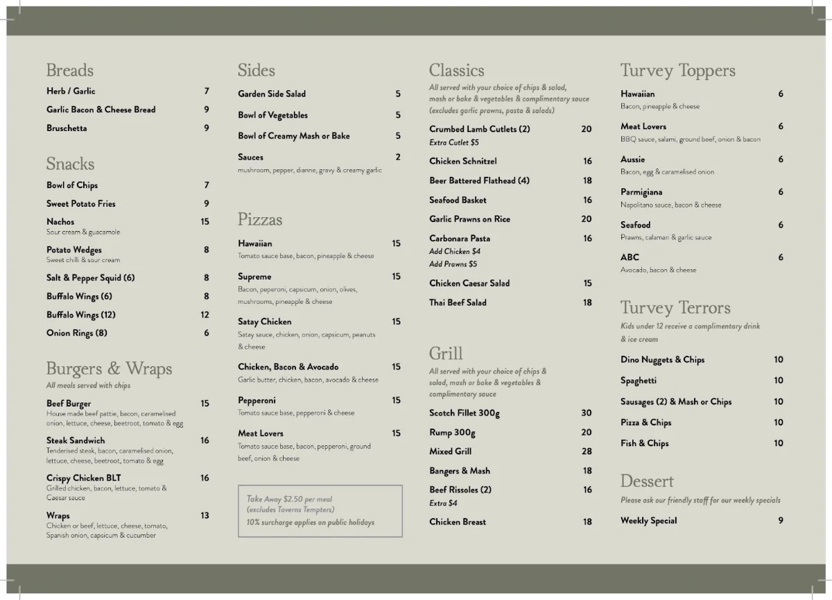 Menu, Turvey Park Hotel