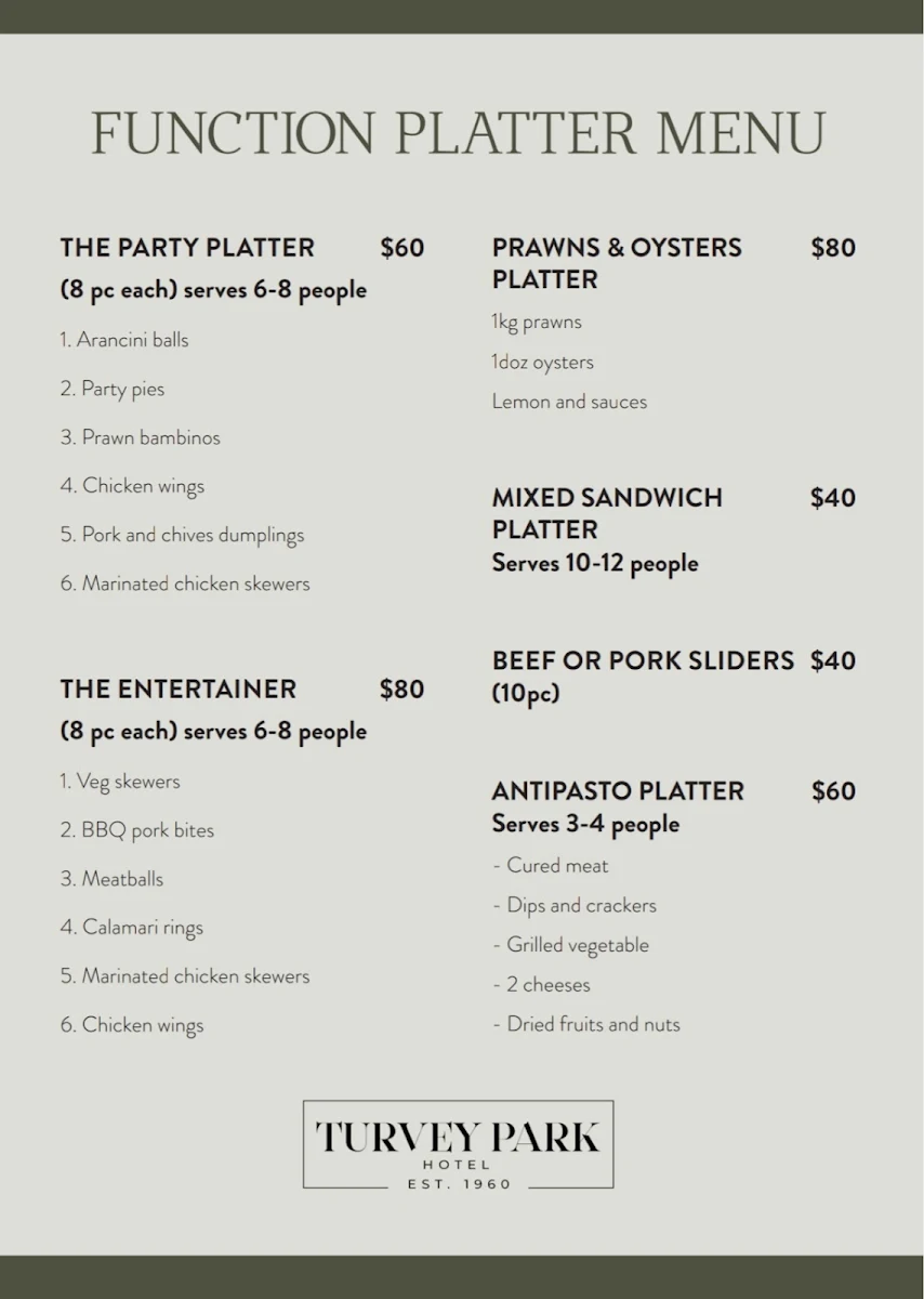 Menu, Turvey Park Hotel
