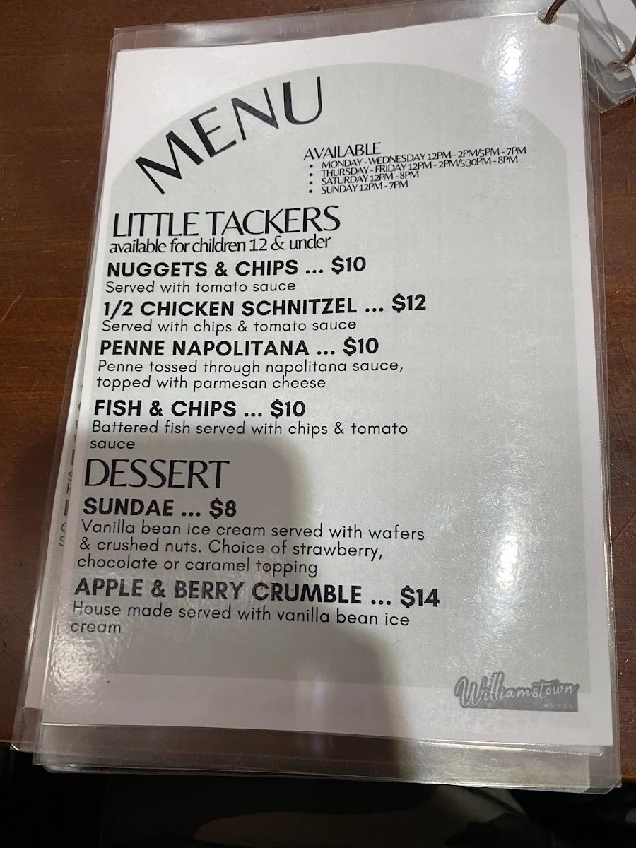 Menu, Williamstown Hotel