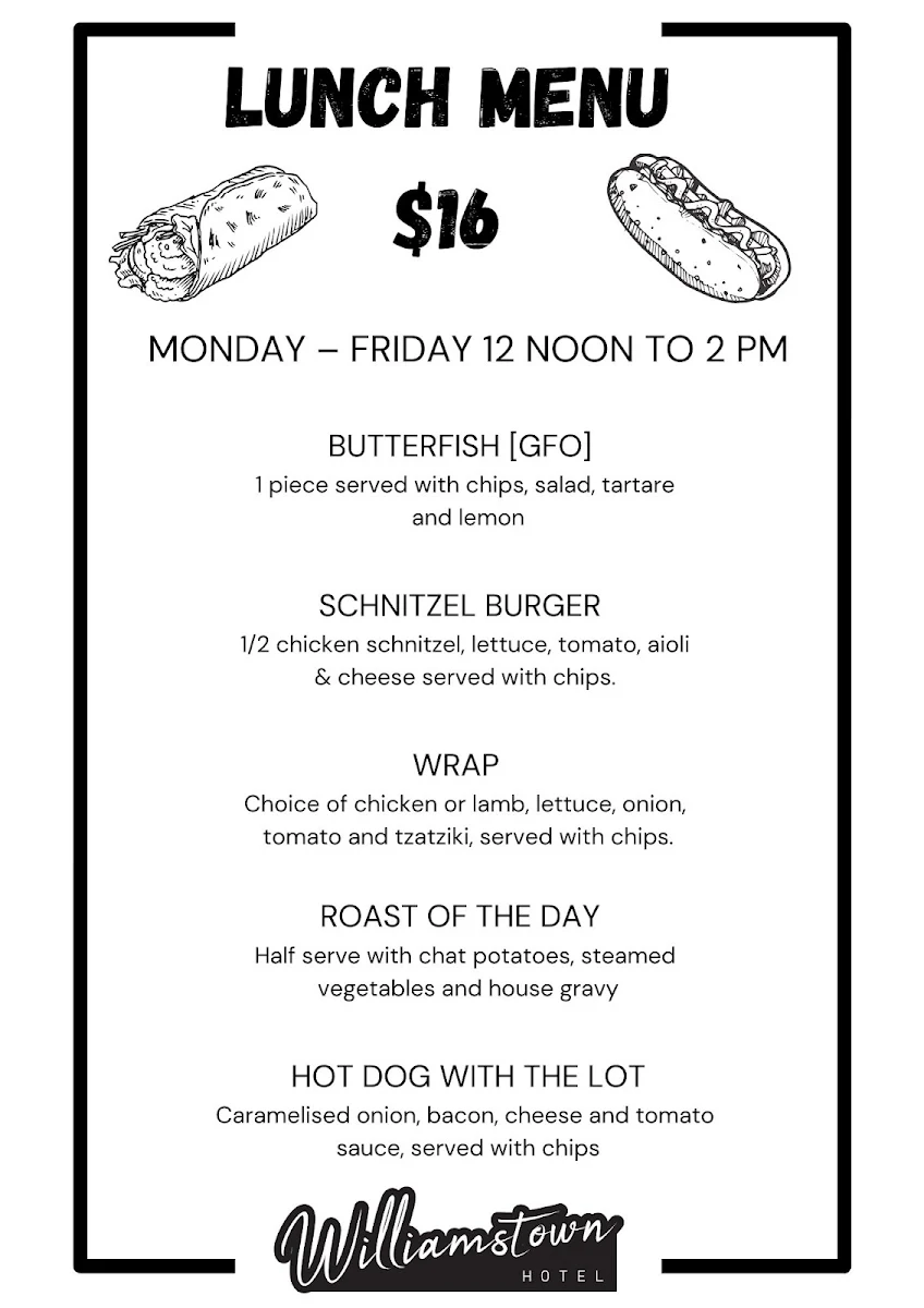 Menu, Williamstown Hotel