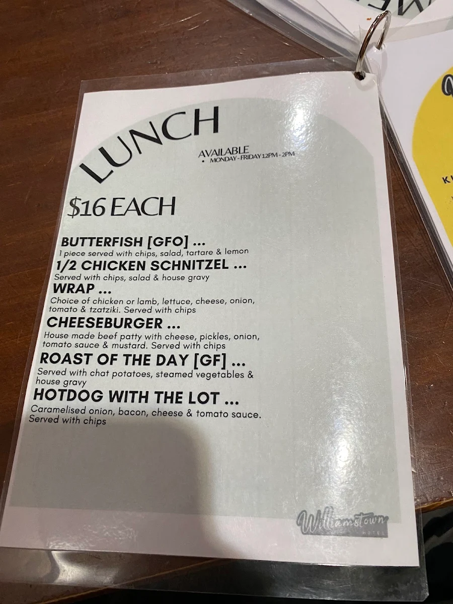 Menu, Williamstown Hotel