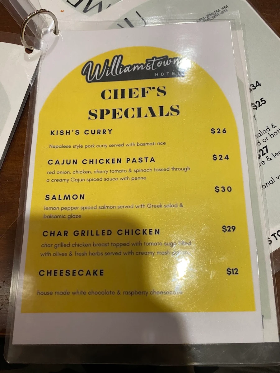 Menu, Williamstown Hotel