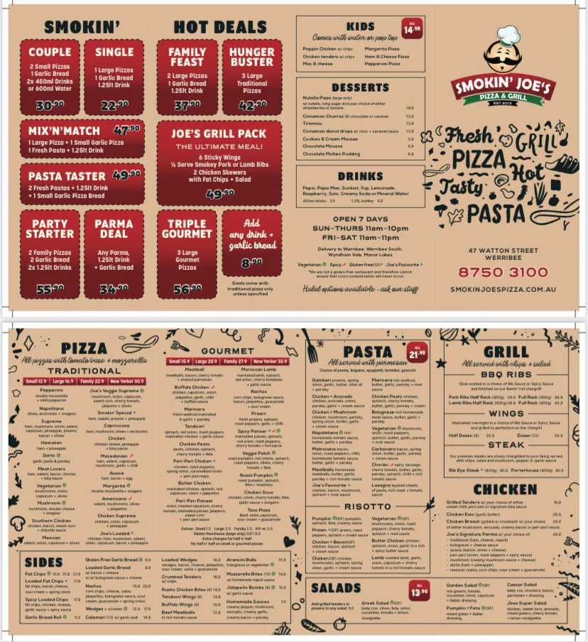 Menu, Smokin' Joe's Pizza & Grill - Werribee