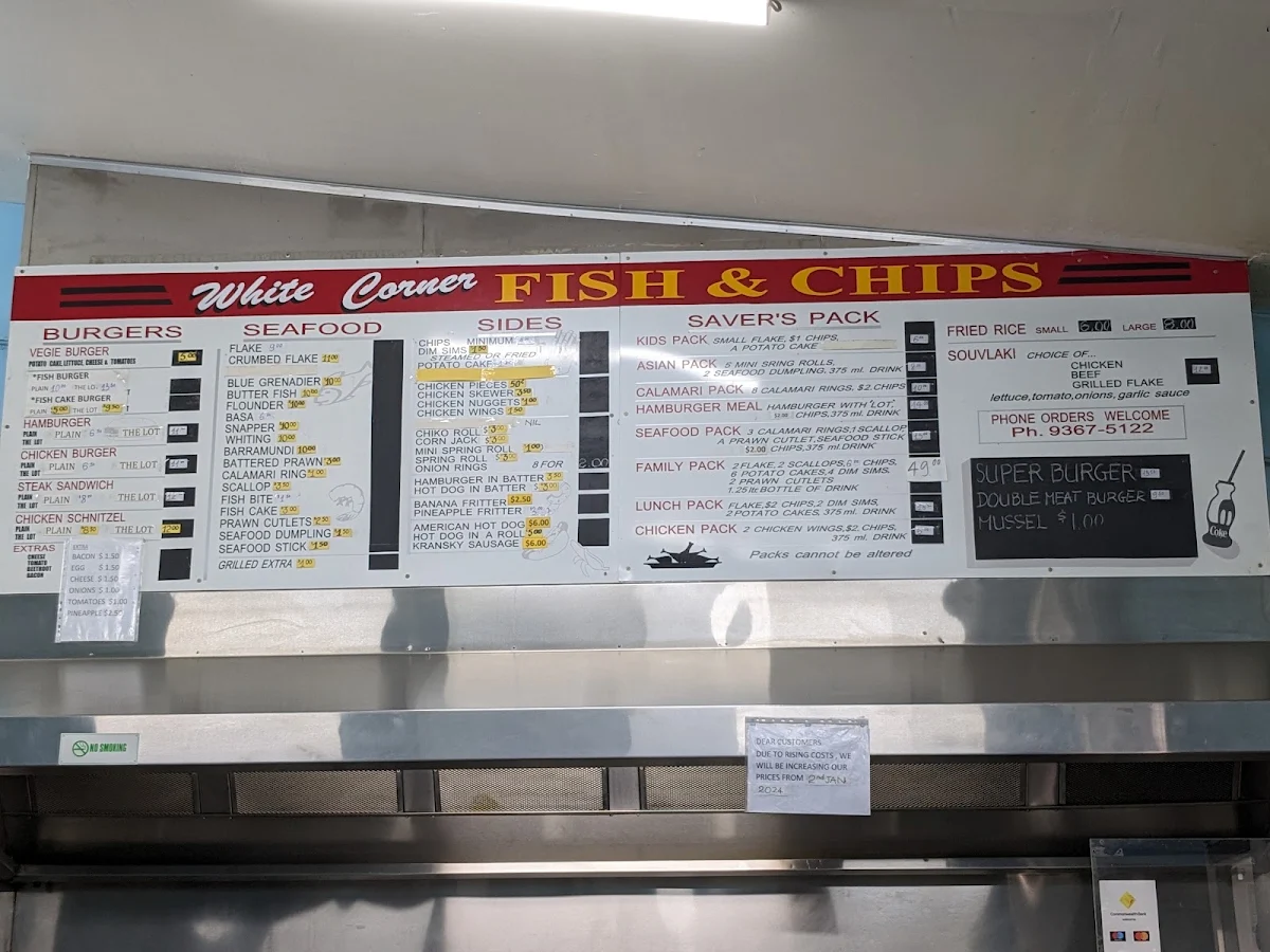 Menu, White Corner Fish & Chips