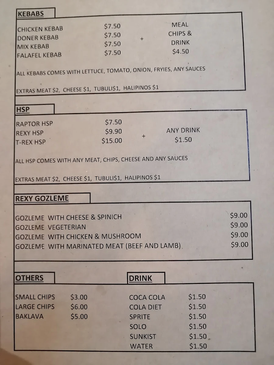 Menu, Rexy Kebab (Brunswick)
