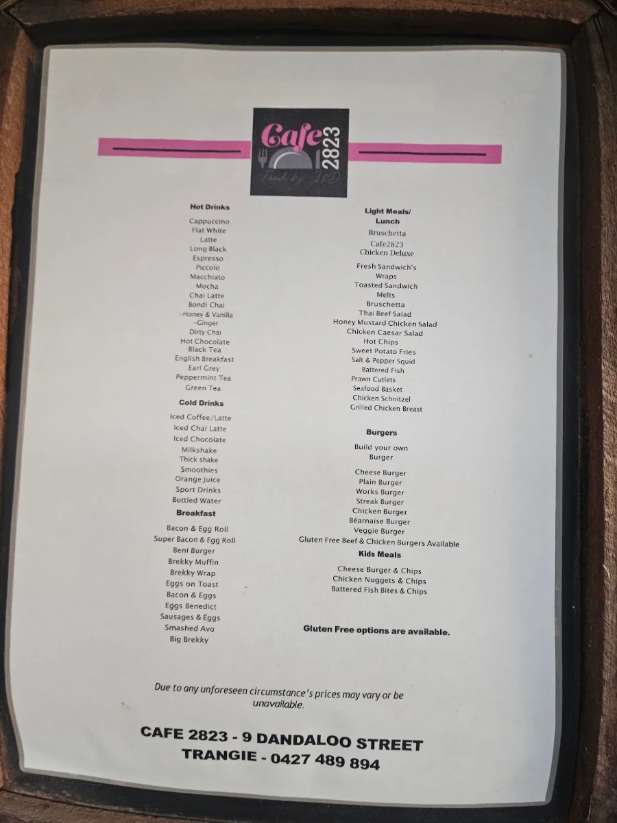 Menu, Cafe 2823