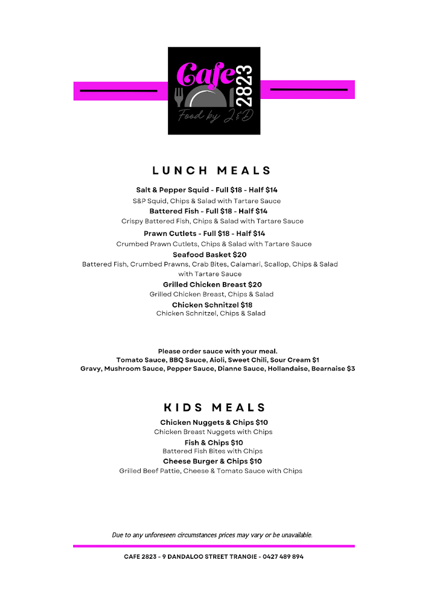 Menu, Cafe 2823