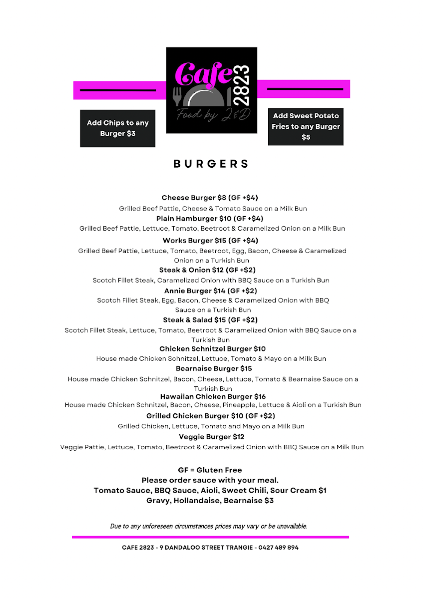 Menu, Cafe 2823