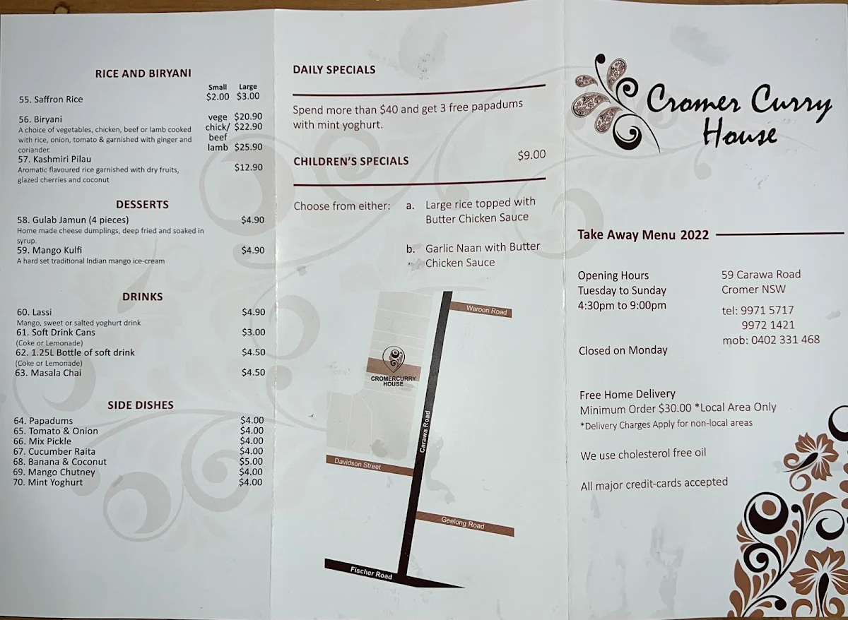 Menu, Cromer Curry House