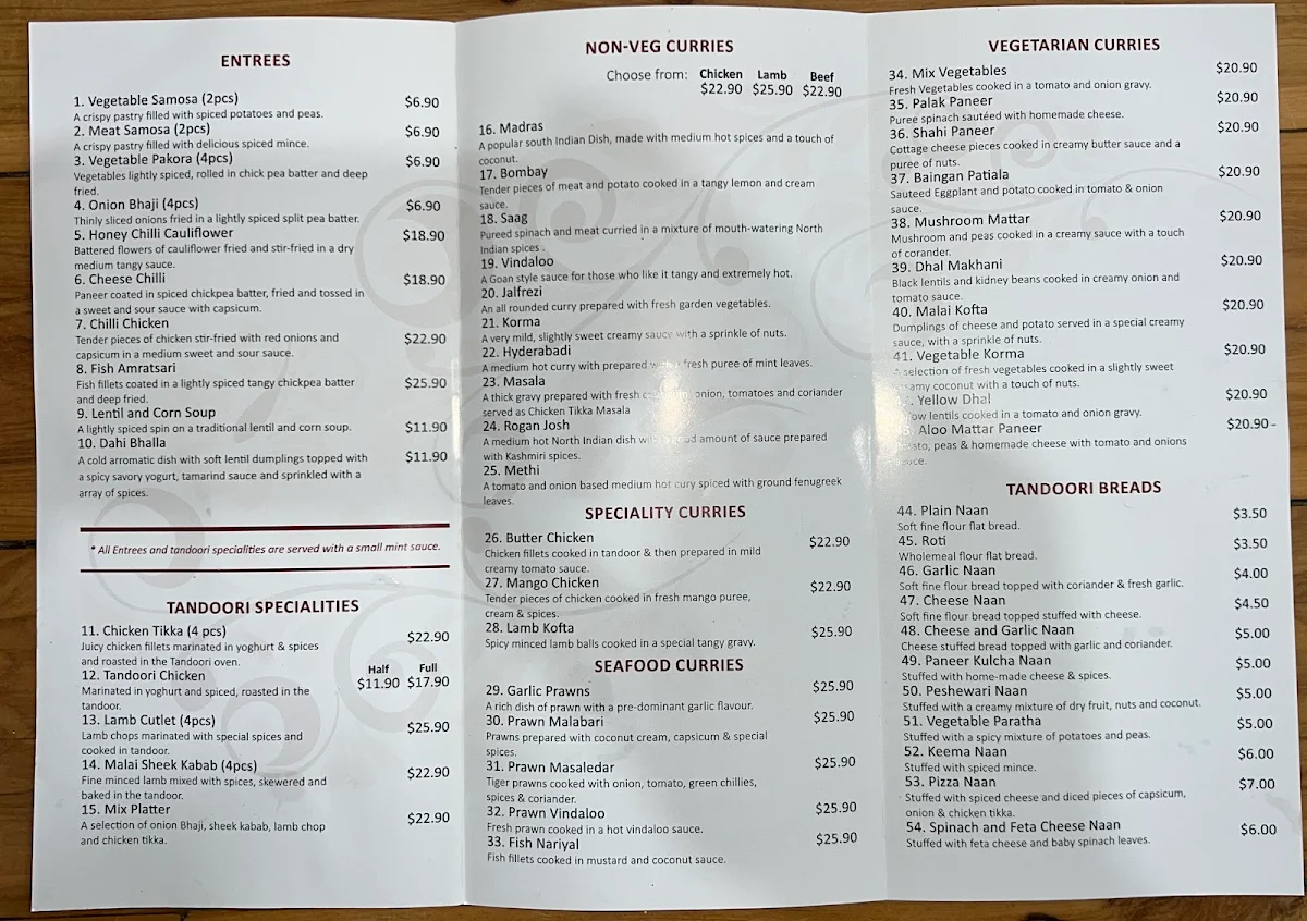 Menu, Cromer Curry House