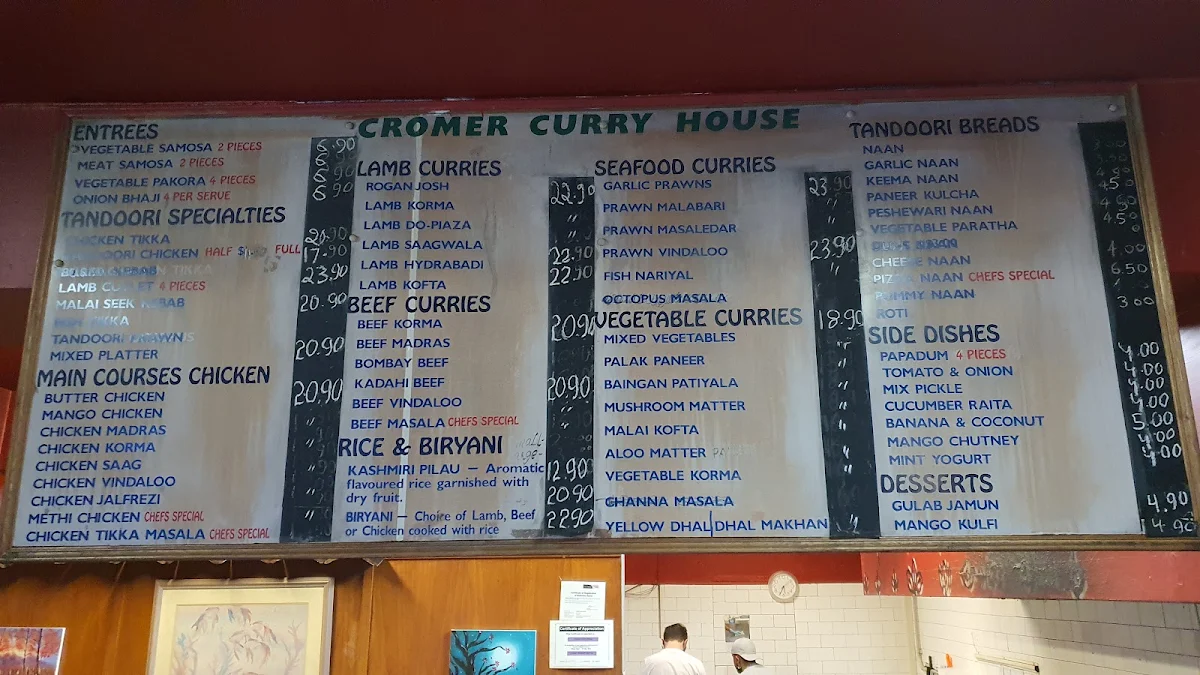 Menu, Cromer Curry House