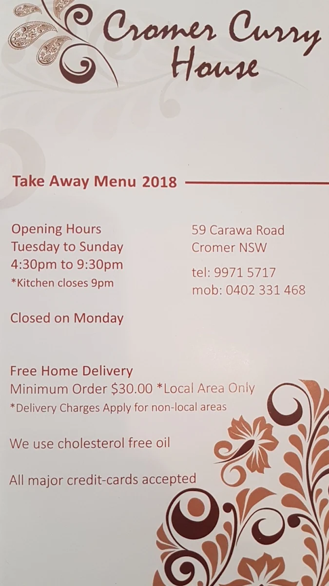 Menu, Cromer Curry House