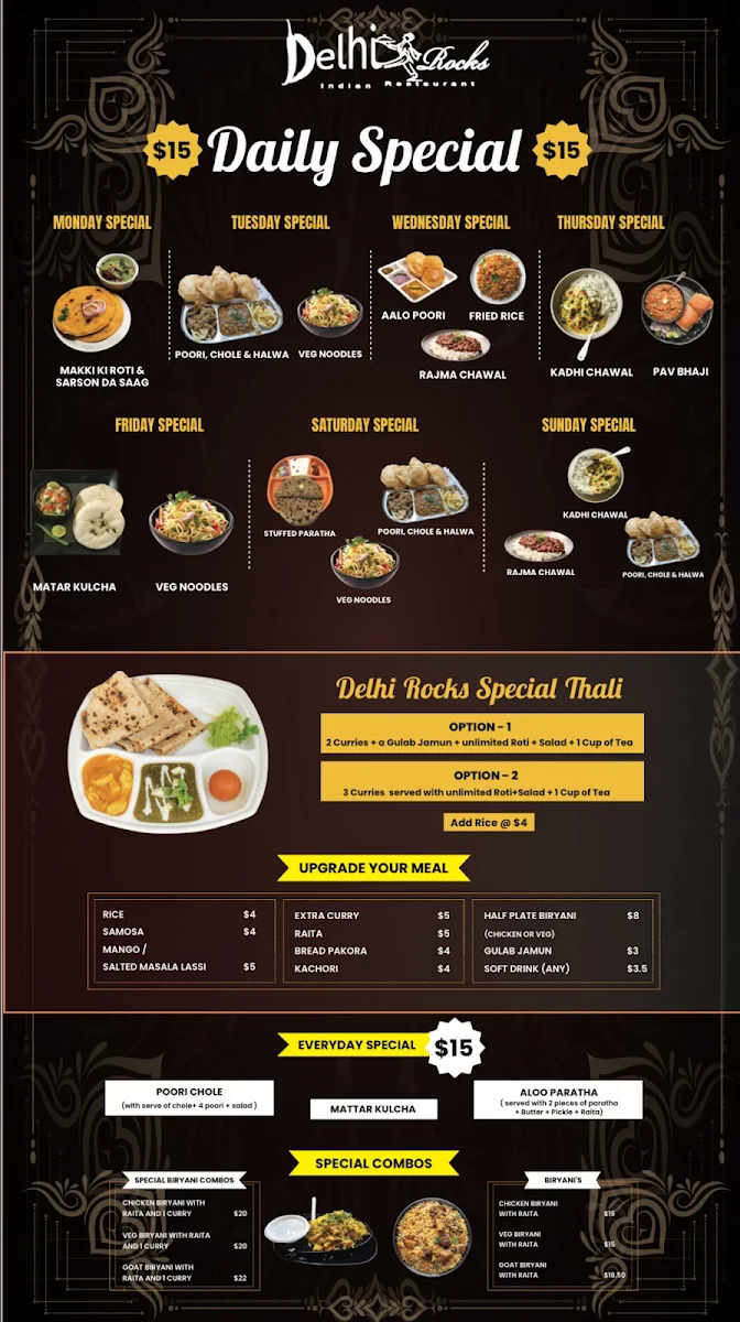 Menu, Delhi Rocks (Preston)