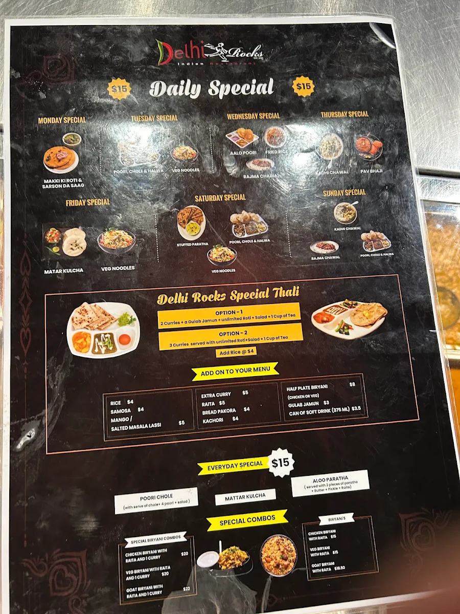 Menu, Delhi Rocks (Preston)