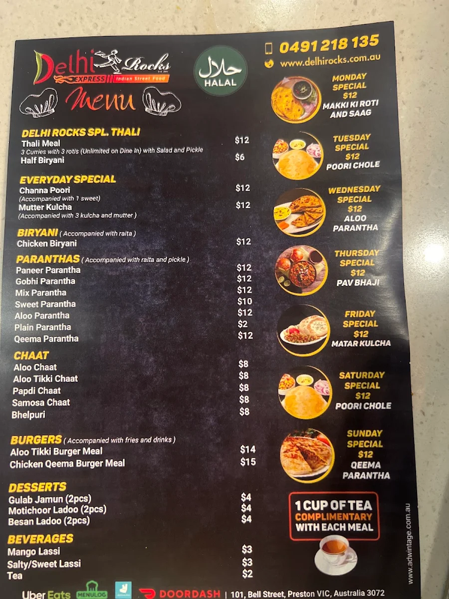 Menu, Delhi Rocks (Preston)