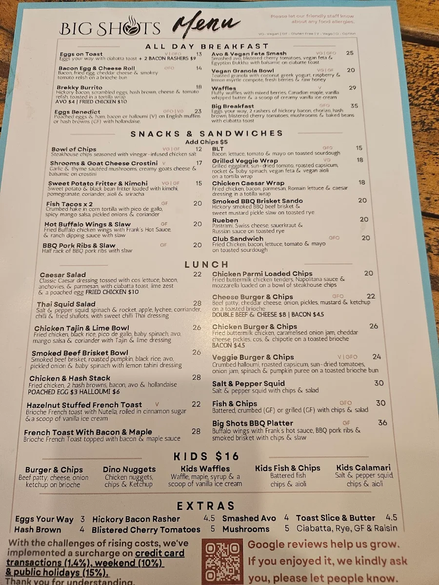 Menu, Big Shots Cafe - Brighton