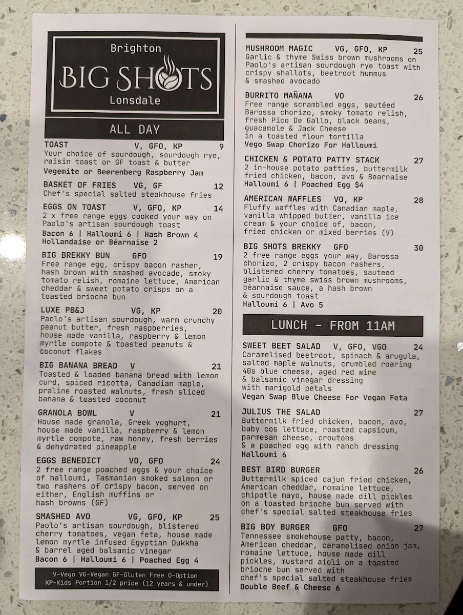 Menu, Big Shots Cafe - Brighton