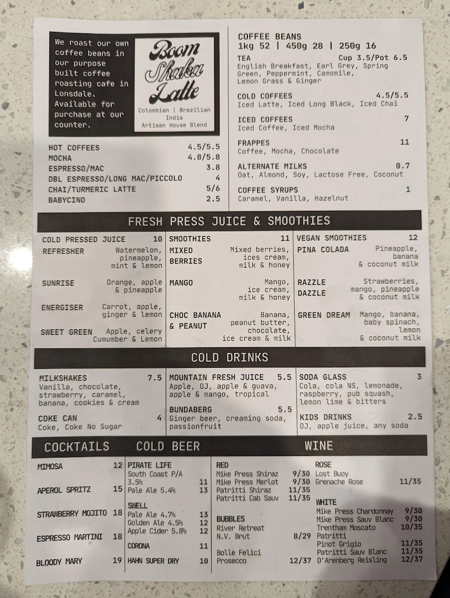 Menu, Big Shots Cafe - Brighton