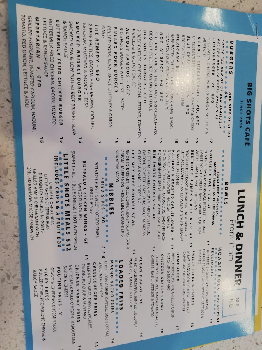Menu, Big Shots Cafe - Brighton