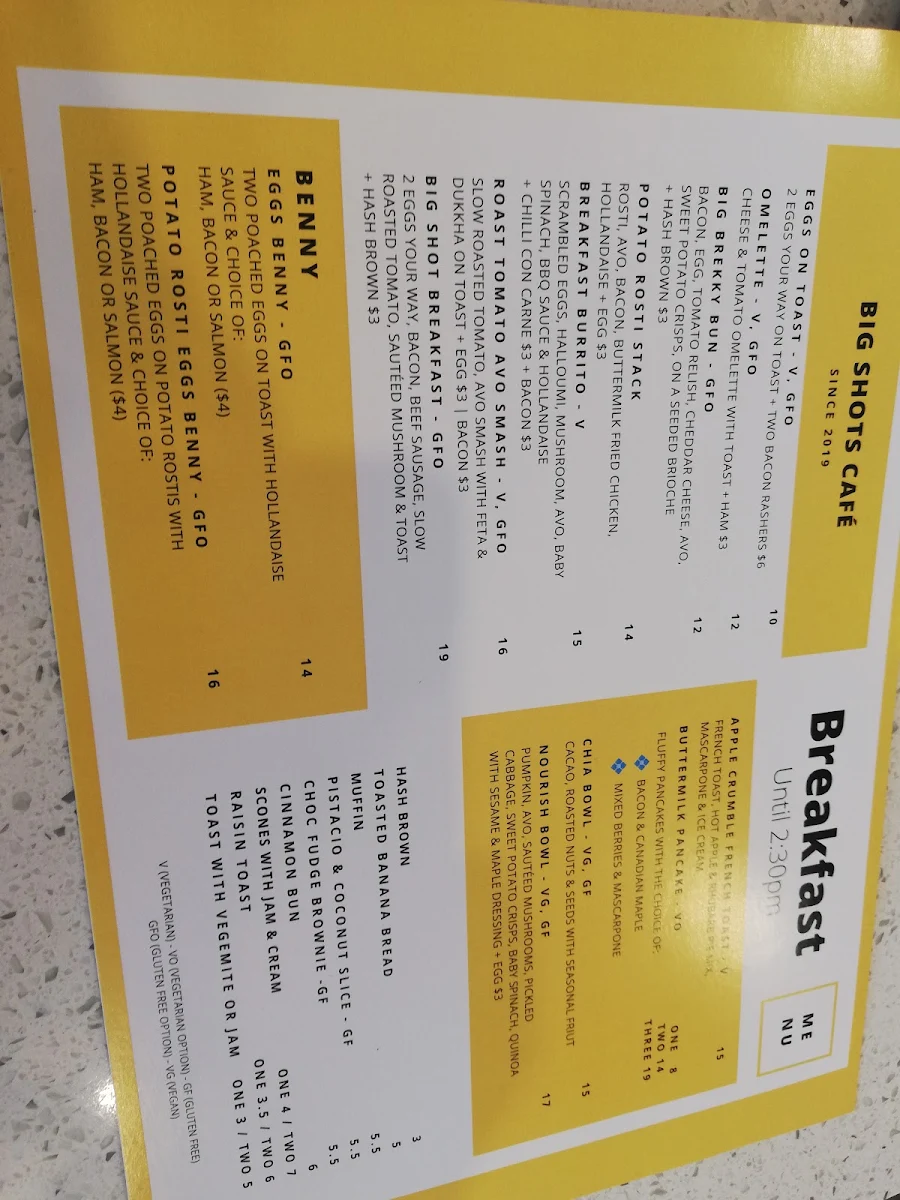 Menu, Big Shots Cafe - Brighton