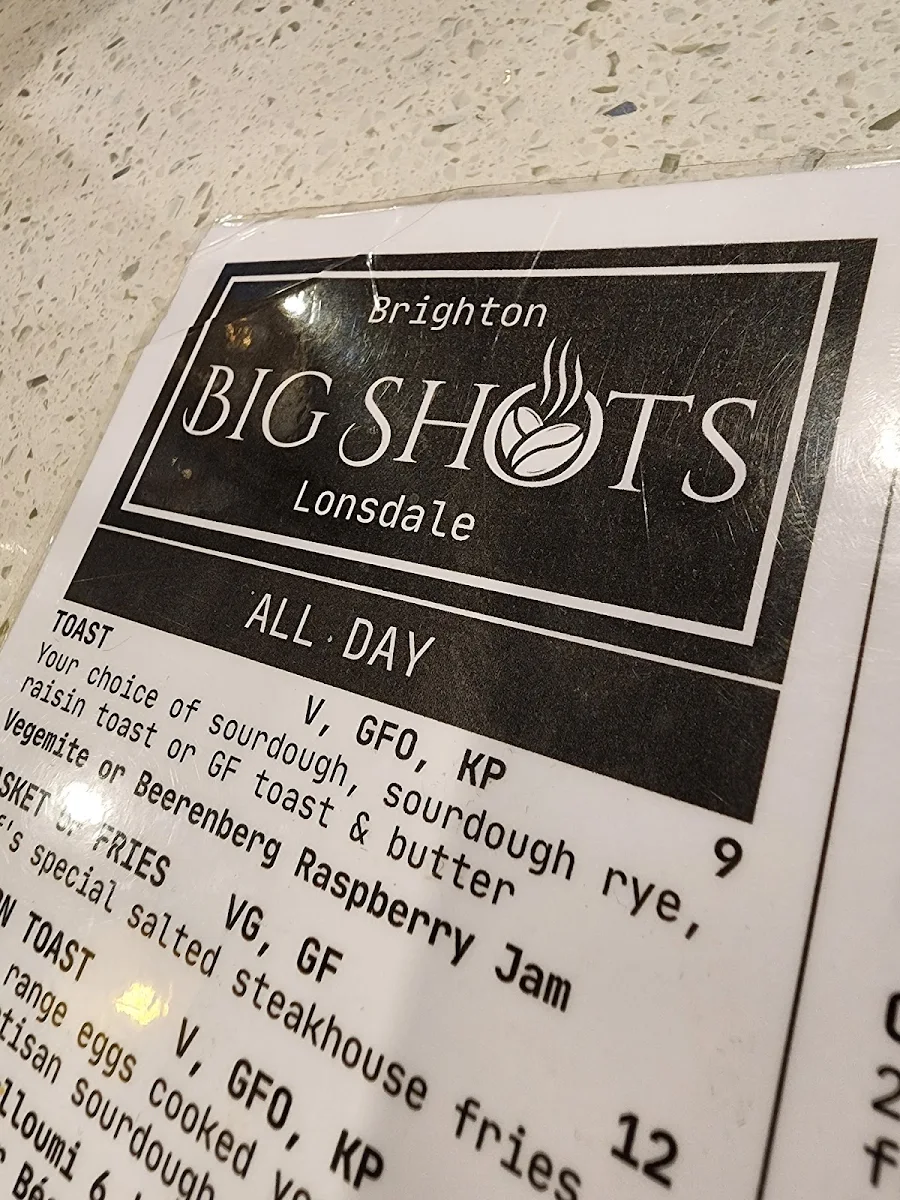 Menu, Big Shots Cafe - Brighton