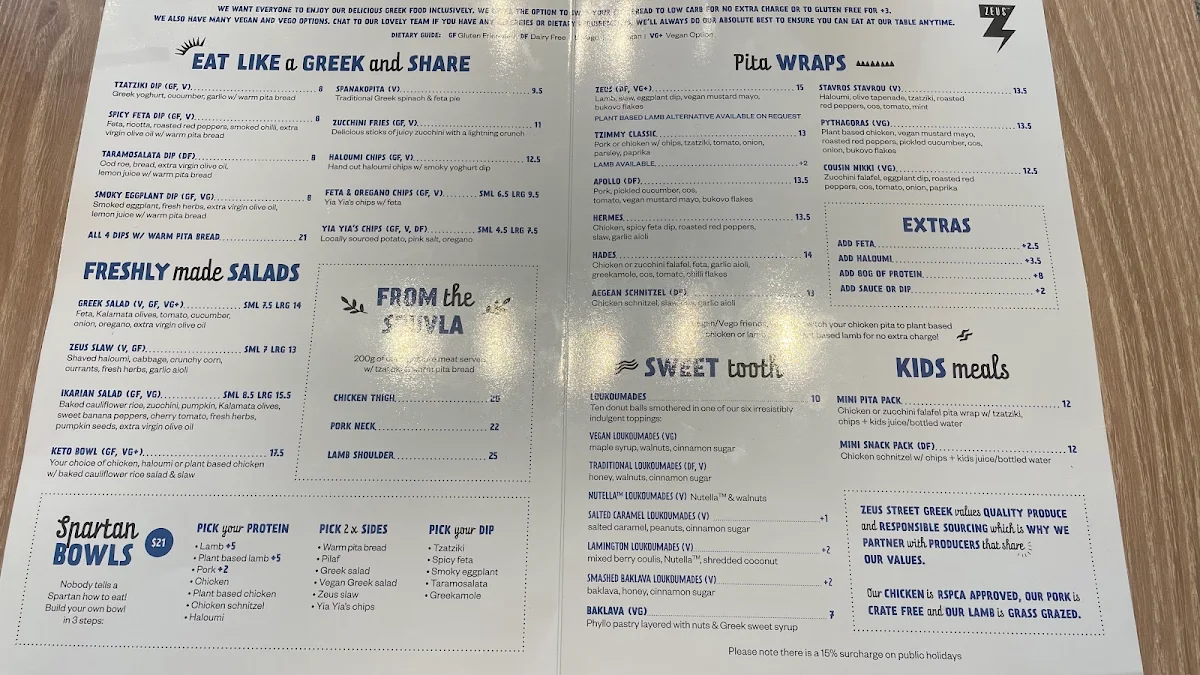 Menu, Zeus Street Greek Willoughby
