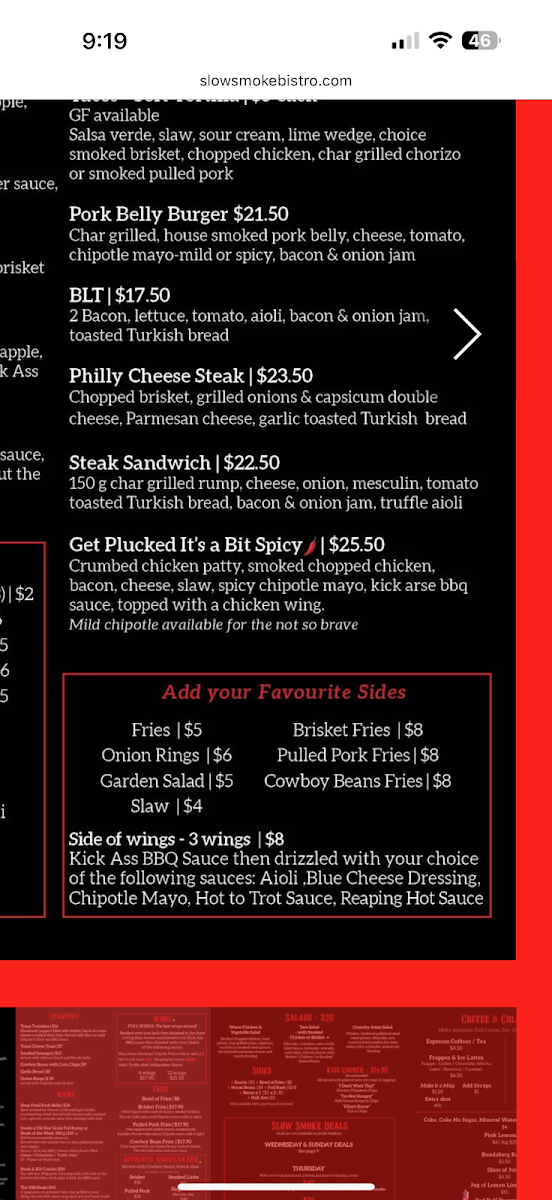 Menu, Slow Smoke Bistro