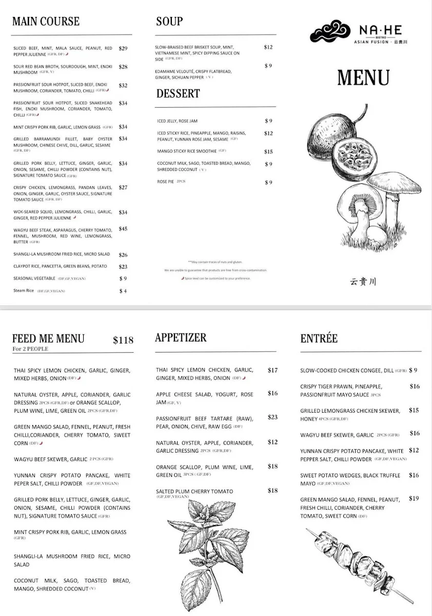 Menu, Na He Bistro