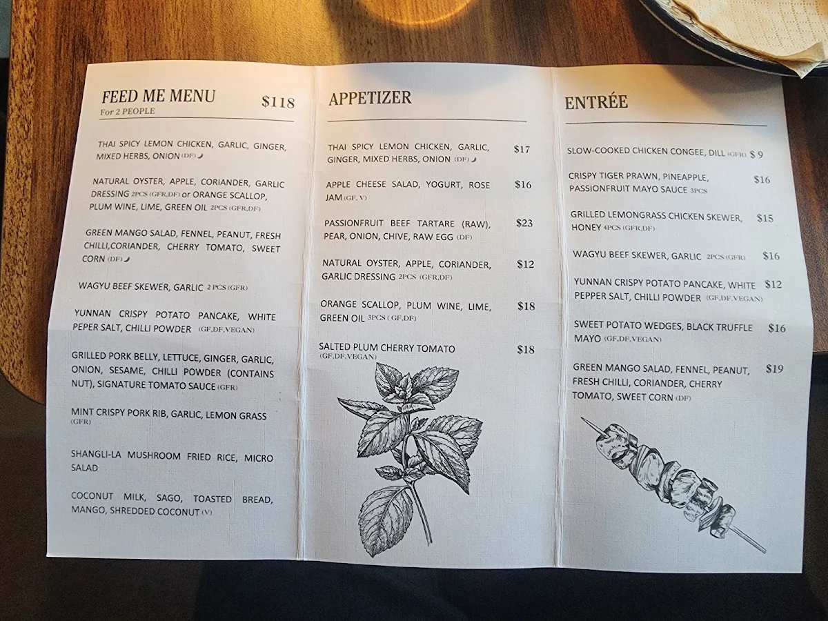 Menu, Na He Bistro