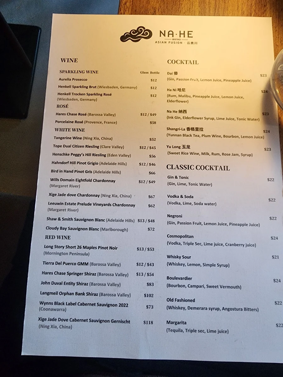 Menu, Na He Bistro