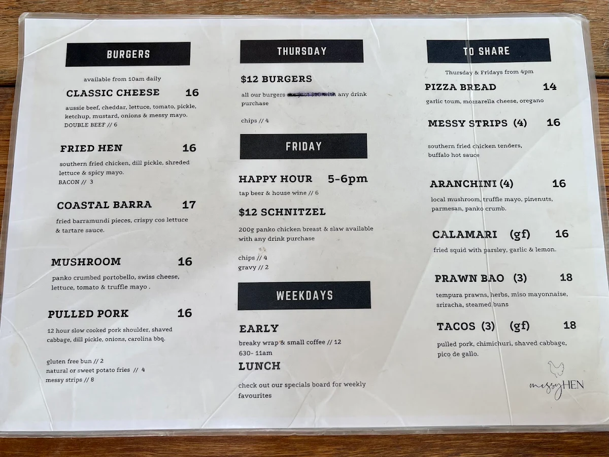Menu, Messy Hen