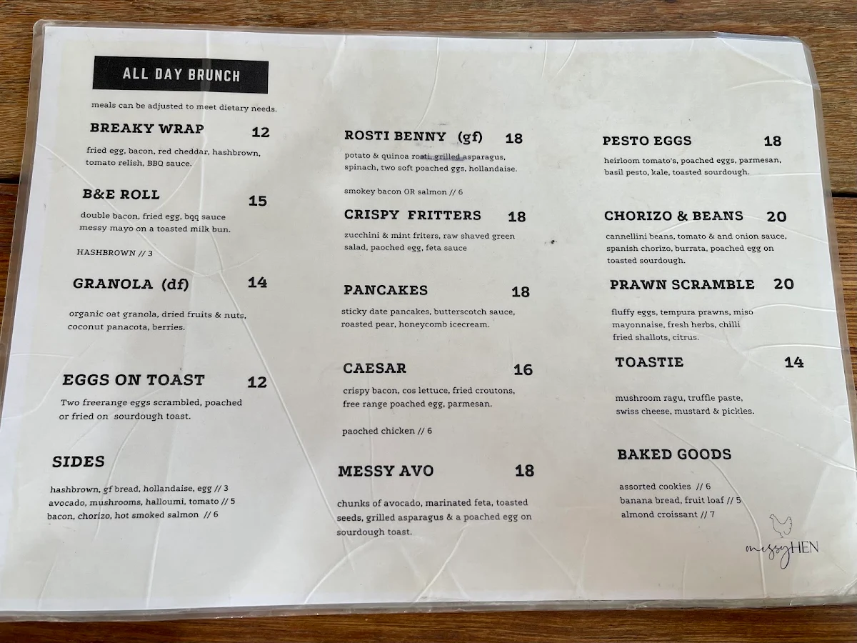 Menu, Messy Hen