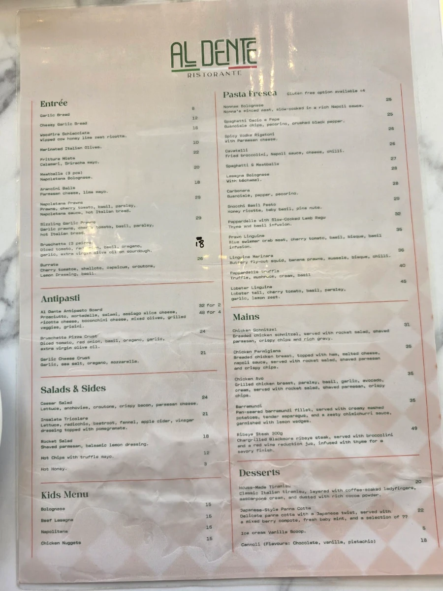 Menu, Al Dente Ristorante