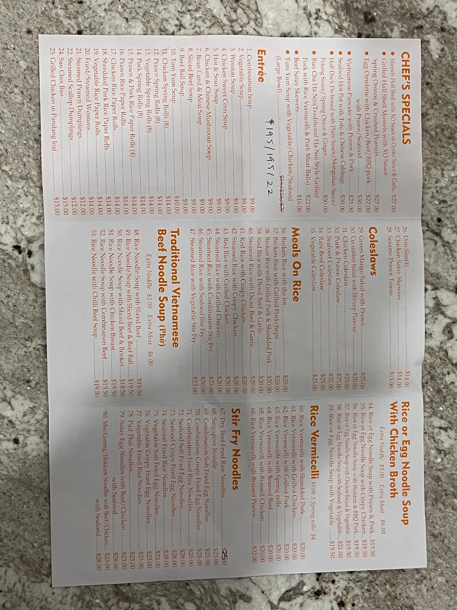 Menu, Pho 999