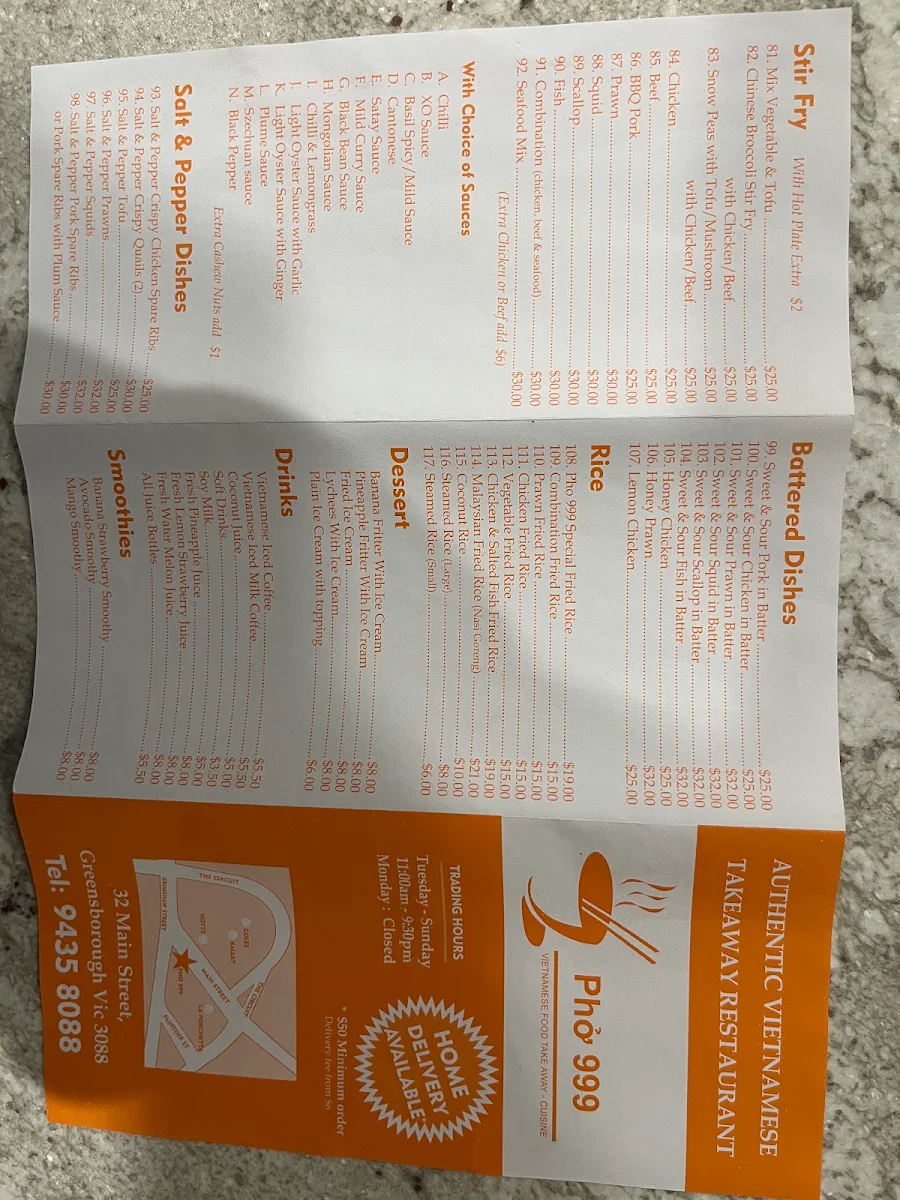 Menu, Pho 999